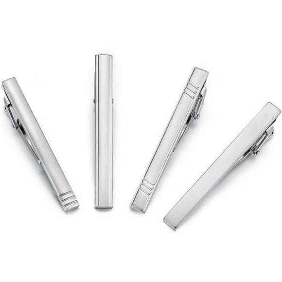 Mens Silver Tie Clip Set 4 Pack Metal Tie Bars Formal Business Wedding Gift - Picture 2 of 7